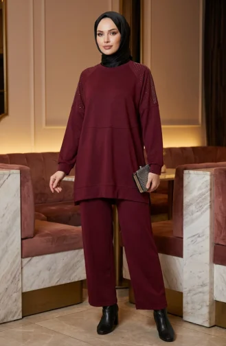 Oysho Fabric Two-Piece Set With Shoulder Stone Embellishment 0240-01 Burgundy 0240-01