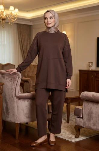 Ensemble Deux Pièces En Tissu Oysho Avec Ornement De Pierre Aux épaules 0240-02 Marron 0240-02