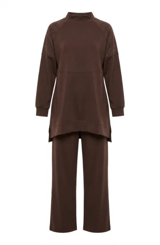 Ensemble Deux Pièces En Tissu Oysho Avec Ornement De Pierre Aux épaules 0240-02 Marron 0240-02