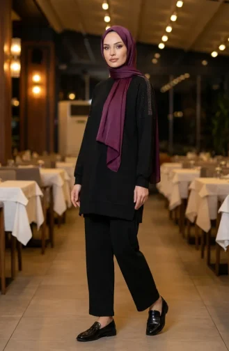 Oysho Fabric Two-Piece Set With Shoulder Stones 0240-03 Black 0240-03