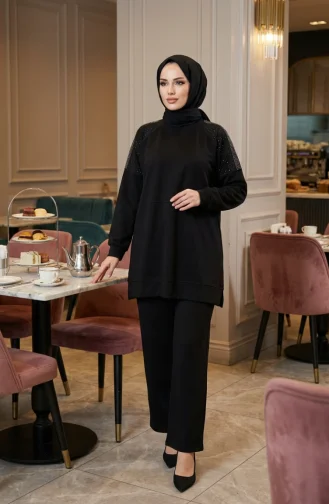 Oysho Fabric Two-Piece Set With Shoulder Stones 0240-03 Black 0240-03