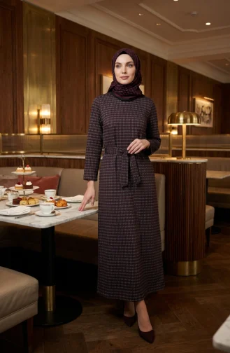 Geometrisch Patroon Hijabjurk Met Riem 2222-01 Paars 2222-01