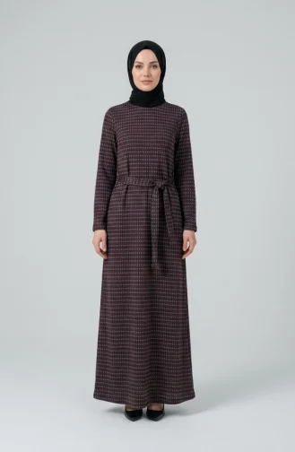 Geometrisch Patroon Hijabjurk Met Riem 2222-01 Paars 2222-01