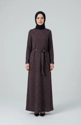 Geometrik Desenli Kuşaklı Tesettür Elbise 2222-01 Mor