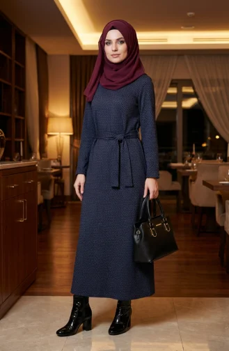 Geometrisch Patroon Hijabjurk Met Riem 2222-02 Petrol 2222-02