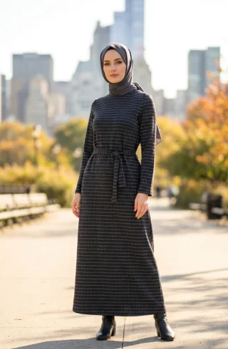 Geometric Patterned Belted Hijab Dress 2222-03 Dark Gray 2222-03