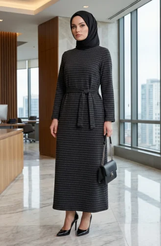 Geometric Patterned Belted Hijab Dress 2222-03 Dark Gray 2222-03
