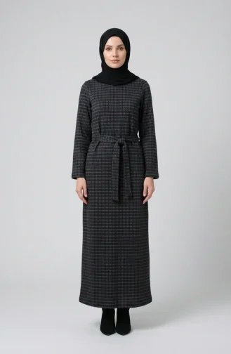 Geometric Patterned Belted Hijab Dress 2222-03 Dark Gray 2222-03