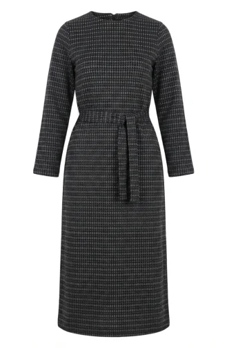 Geometric Patterned Belted Hijab Dress 2222-03 Dark Gray 2222-03