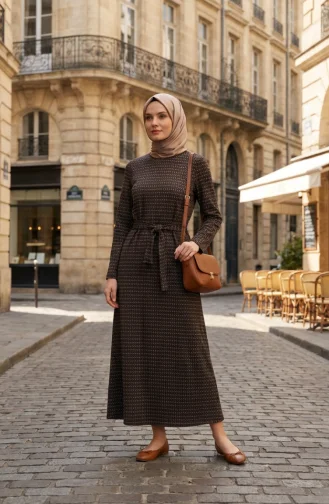 Geometrisch Patroon Hijabjurk Met Riem 2222-04 Bruin 2222-04