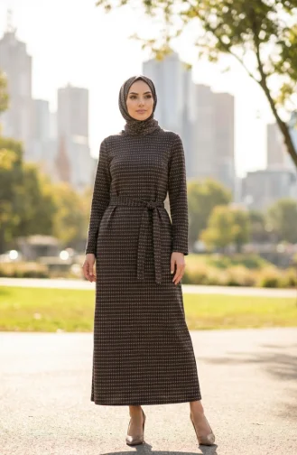 Geometrisch Patroon Hijabjurk Met Riem 2222-04 Bruin 2222-04
