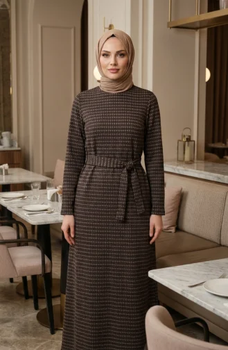 Geometrisch Patroon Hijabjurk Met Riem 2222-04 Bruin 2222-04