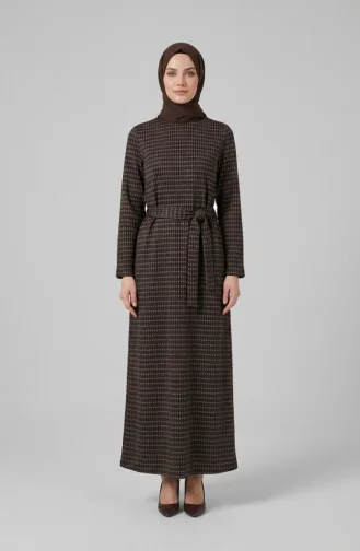 Geometrisch Patroon Hijabjurk Met Riem 2222-04 Bruin 2222-04