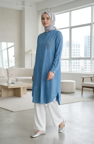 Tensel Kumaş Gizli Düğmeli Kot Tunik 3112-01 Mavi
