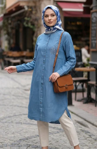 Tensel Kumaş Gizli Düğmeli Kot Tunik 3112-01 Mavi
