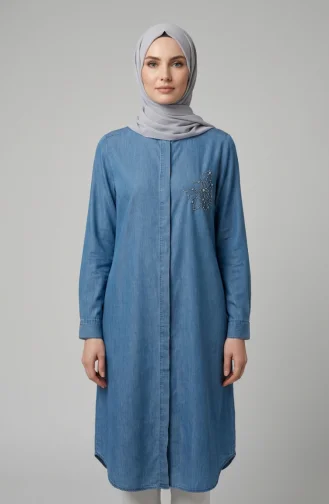 Tensel Kumaş Gizli Düğmeli Kot Tunik 3112-01 Mavi