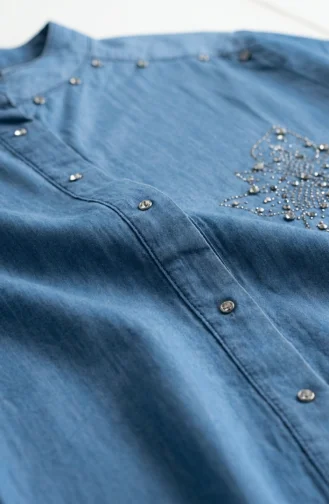 Tensel Kumaş Gizli Düğmeli Kot Tunik 3112-01 Mavi