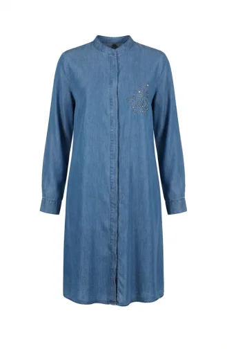 Tensel Kumaş Gizli Düğmeli Kot Tunik 3112-01 Mavi