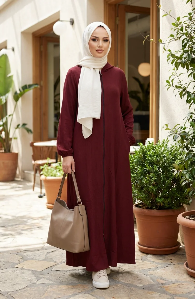 Bürümcük Kumaş Kapüşonlu Ferace 1029-08 Bordo