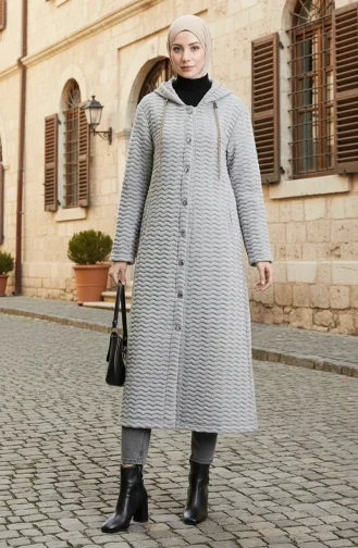 Chain Detailed Striped Quilted Coat 0217-01 Gray 0217-01
