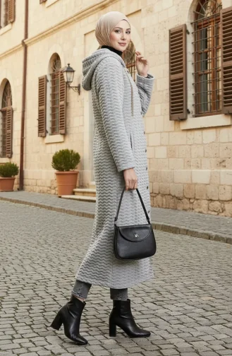 Chain Detailed Striped Quilted Coat 0217-01 Gray 0217-01