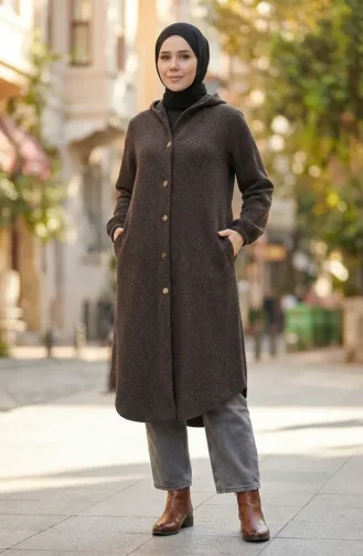 Kapüşonlu Düğmeli Kaşe Kap 0201-13 Kahverengi