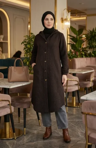 Kapüşonlu Düğmeli Kaşe Kap 0201-13 Kahverengi