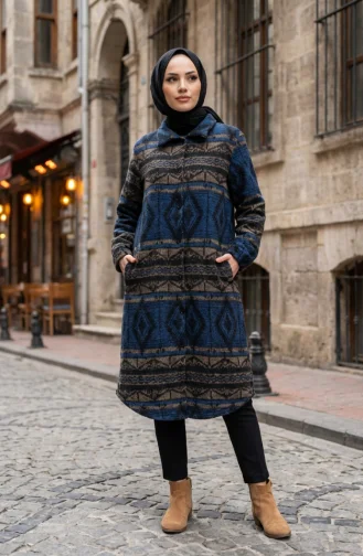 Winterjas Met Etnische Print En Knoopsluiting 2500-07 Marineblauw Nerts 2500-07