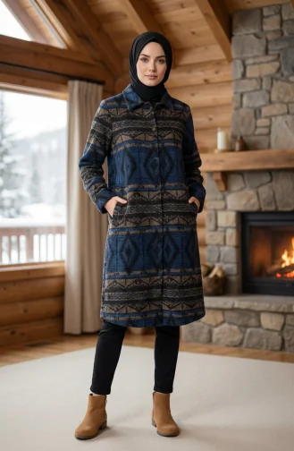 Winterjas Met Etnische Print En Knoopsluiting 2500-07 Marineblauw Nerts 2500-07