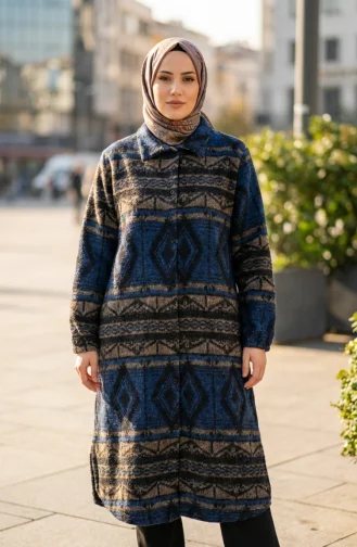 Winterjas Met Etnische Print En Knoopsluiting 2500-07 Marineblauw Nerts 2500-07