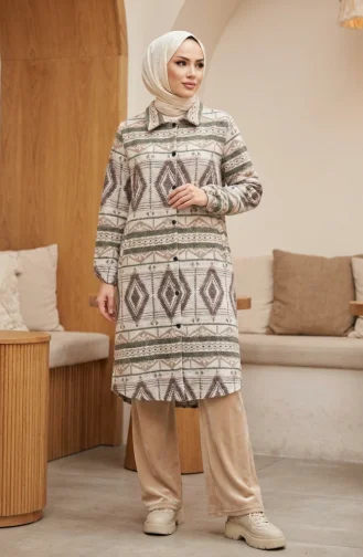 Winterjas Met Etnische Print En Knoopsluiting 2500-08 Beige Bruin 2500-08