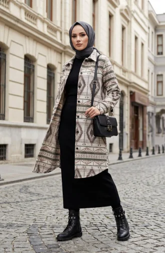 Winterjas Met Etnische Print En Knoopsluiting 2500-08 Beige Bruin 2500-08