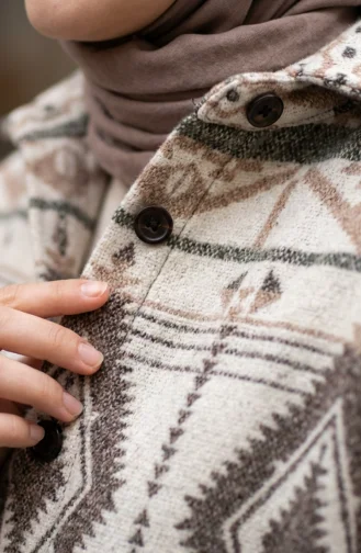 Winterjas Met Etnische Print En Knoopsluiting 2500-08 Beige Bruin 2500-08