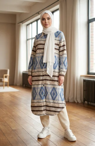 Winterjas Met Etnische Print En Knoopsluiting 2500-09 Beige Marineblauw 2500-09