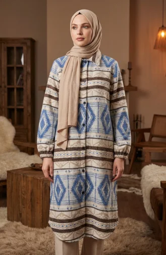 Winterjas Met Etnische Print En Knoopsluiting 2500-09 Beige Marineblauw 2500-09