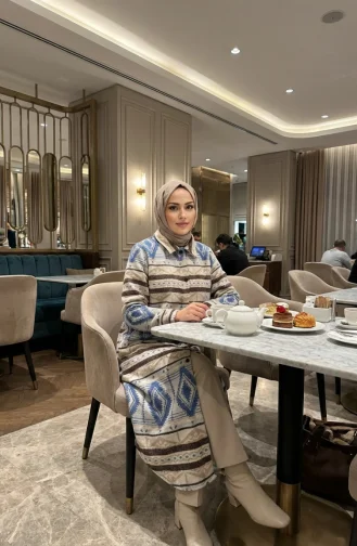 Winterjas Met Etnische Print En Knoopsluiting 2500-09 Beige Marineblauw 2500-09