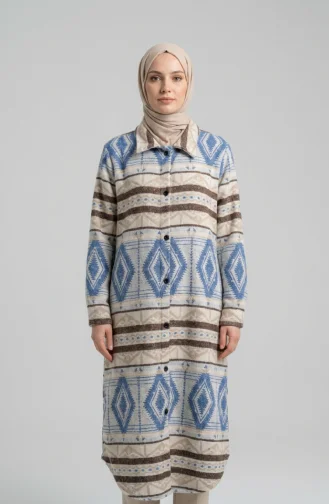 Winterjas Met Etnische Print En Knoopsluiting 2500-09 Beige Marineblauw 2500-09