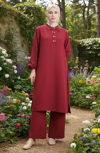 Shirt Collar Tunic Trousers Two Piece Suit 0123-03 Claret Red 0123-03