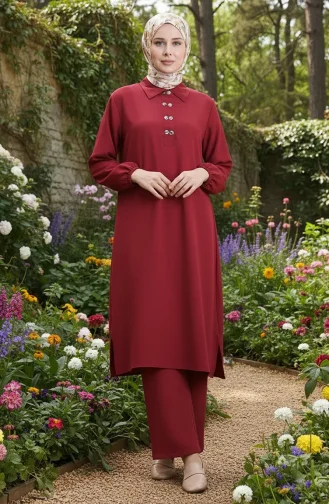Shirt Collar Tunic Trousers Two Piece Suit 0123-03 Claret Red 0123-03