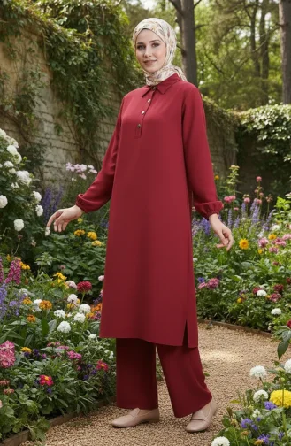 Shirt Collar Tunic Trousers Two Piece Suit 0123-03 Claret Red 0123-03