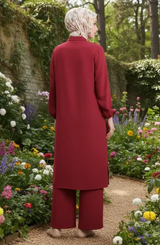 Shirt Collar Tunic Trousers Two Piece Suit 0123-03 Claret Red 0123-03