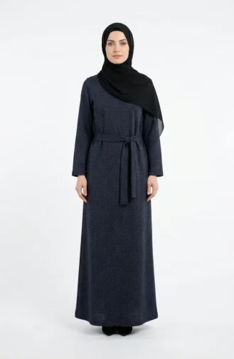 Geometrik Desenli Kuşaklı Tesettür Elbise 2222-02 Petrol