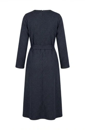 Geometrik Desenli Kuşaklı Tesettür Elbise 2222-02 Petrol