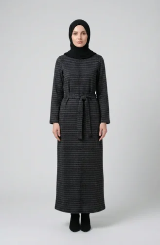 Geometrik Desenli Kuşaklı Tesettür Elbise 2222-03 Füme