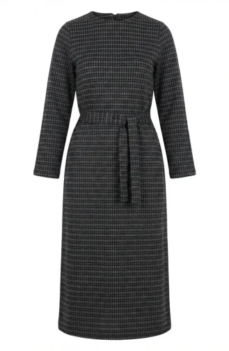 Geometrik Desenli Kuşaklı Tesettür Elbise 2222-03 Füme