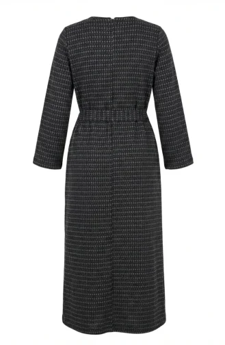 Geometrik Desenli Kuşaklı Tesettür Elbise 2222-03 Füme