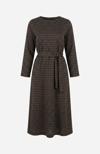 Geometrik Desenli Kuşaklı Tesettür Elbise 2222-04 Kahverengi