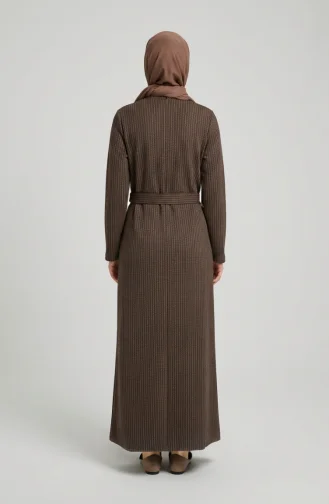 Şerit Desenli Kuşaklı Tesettür Elbise 2222A-01 Kahverengi