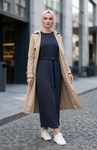Gestreepte Hijabjurk Met Riem 2222A-02 Petrol 2222A-02