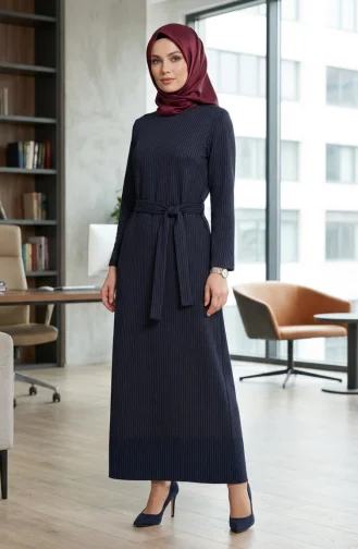 Gestreepte Hijabjurk Met Riem 2222A-02 Petrol 2222A-02